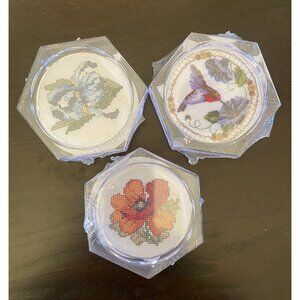 3 Cross Stitch Coasters 2 Floral 1 Hummingbird